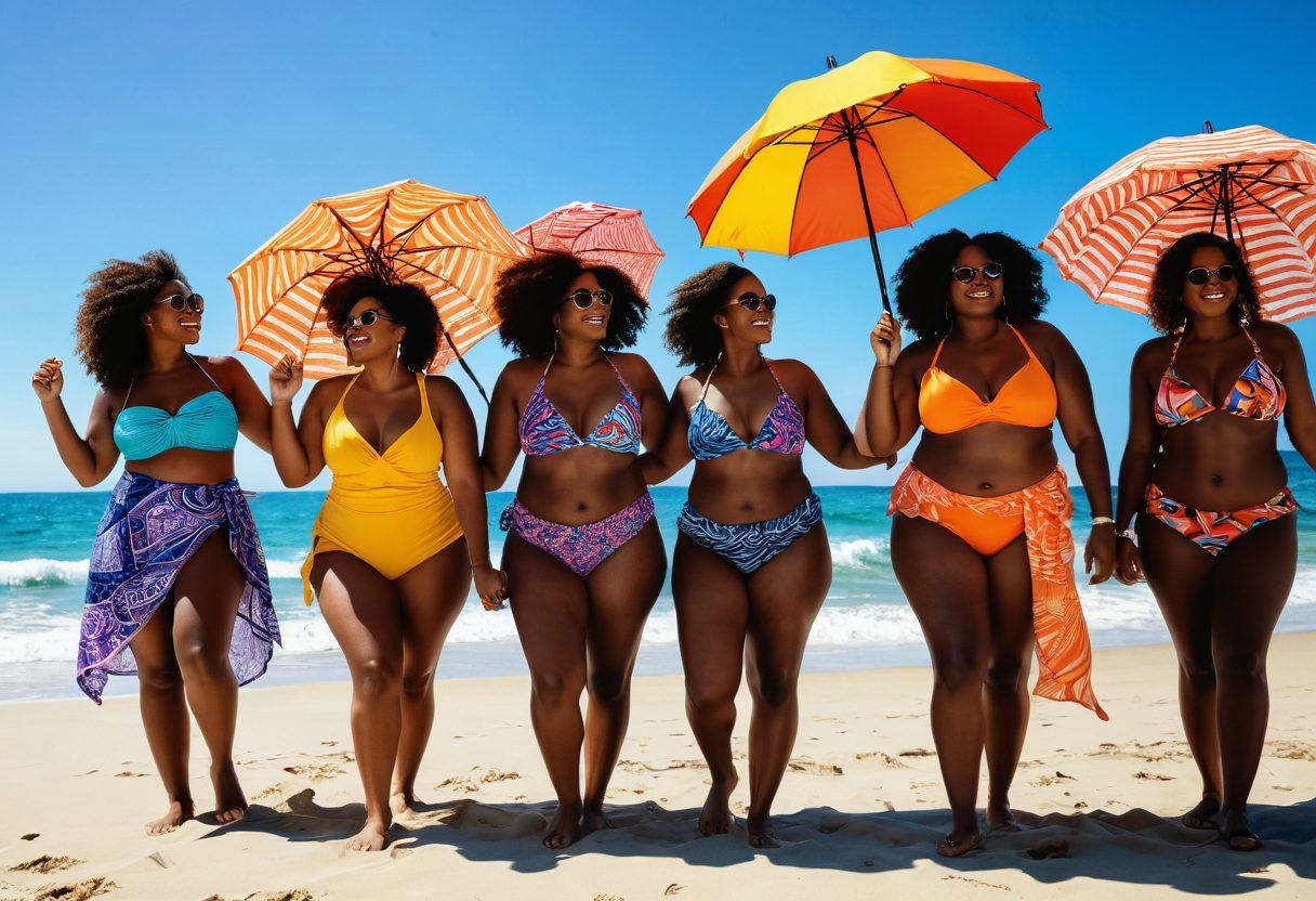 An empowering scene at a sunlit beach featuring diverse individuals confidently showcasing their stylish beachwear in various bold colors and patterns. Include vibrant towels, beach umbrellas, and playful beach activities that radiate joy and self-love. Emphasize body positivity with different body shapes and sizes, displaying confidence and laughter. The ocean waves gently lap at the shore, reflecting the sunshine. bright colors. sunny setting. super-realistic.