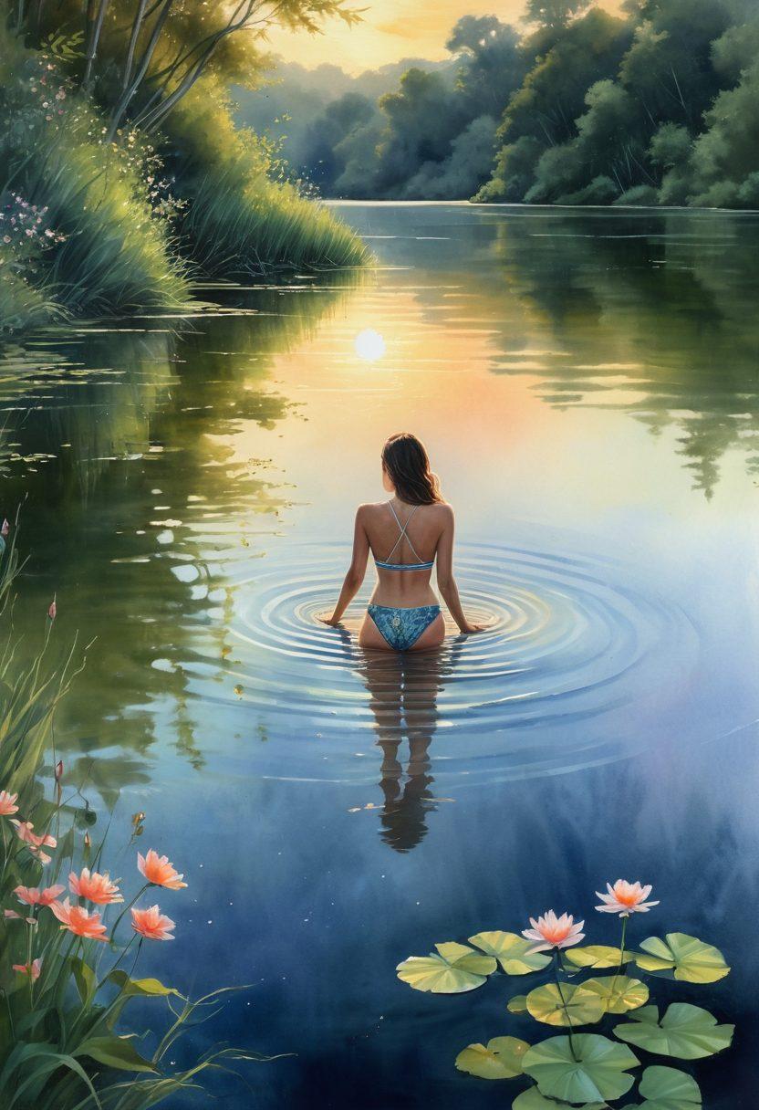 A tranquil lakeside scene at twilight, featuring a serene model in stylish swimwear, gracefully diving into the clear water surrounded by lush greenery. Soft rays of the setting sun illuminate the scene, creating a peaceful atmosphere. Include delicate flowers along the shore and gentle ripples in the water, symbolizing resilience and renewal. watercolor painting. soft pastels. tranquil ambiance.
