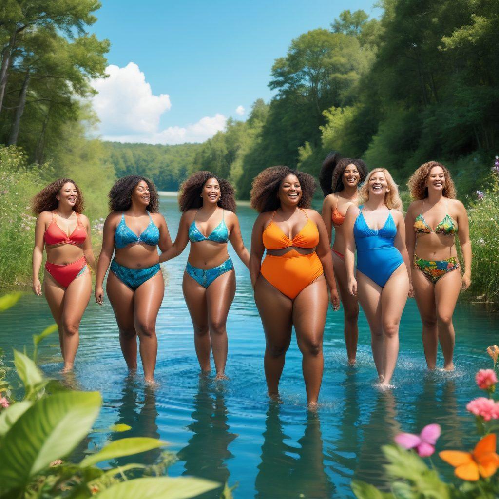 A serene summer landscape featuring a diverse group of confident individuals in vibrant swimwear, joyfully embracing nature by a sunlit lake surrounded by lush greenery. Include uplifting elements like flowers, butterflies, and a clear blue sky, emphasizing body positivity and carefree spirit. The individuals are laughing, playing, and reveling in their unique shapes and sizes, showcasing diversity and happiness. super-realistic. vibrant colors. nature-inspired.